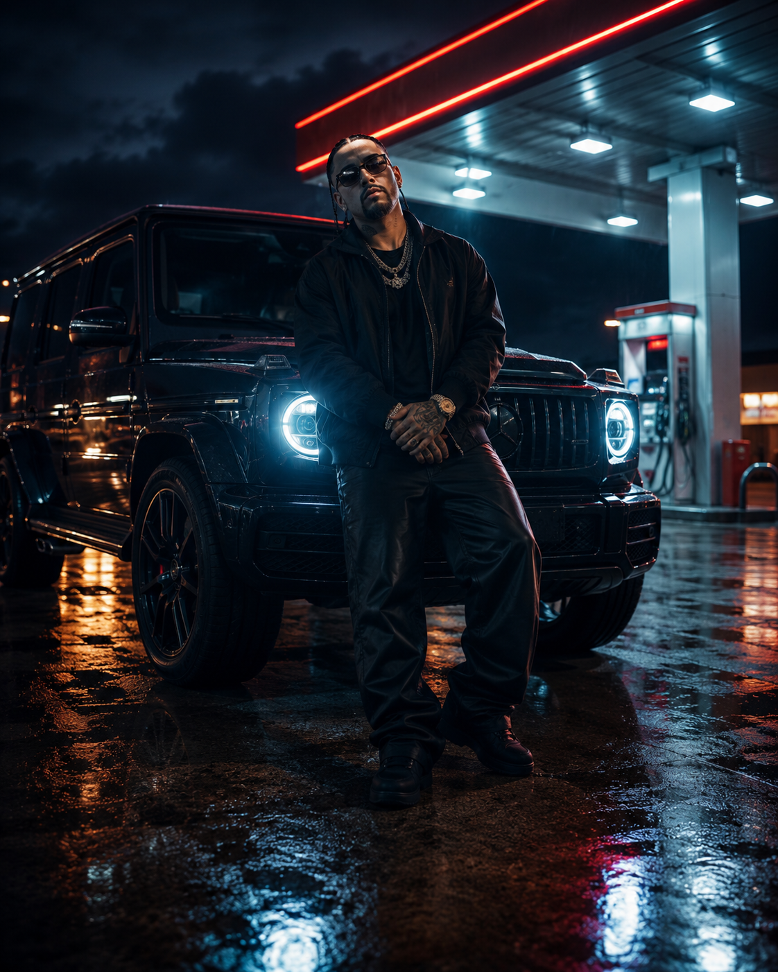 Visualizer urbano en gas station con camioneta de lujo